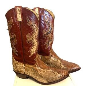 CORDONES Men's Cowboy Boots Size 9.5 Genuine SNAKE SKIN Red Brown Leather SPAIN